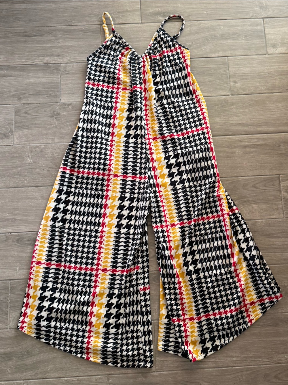 Agnes & Dora Houndstooth Jumpsuit Boho Flowy Comfy Fall Festival Retro 70s